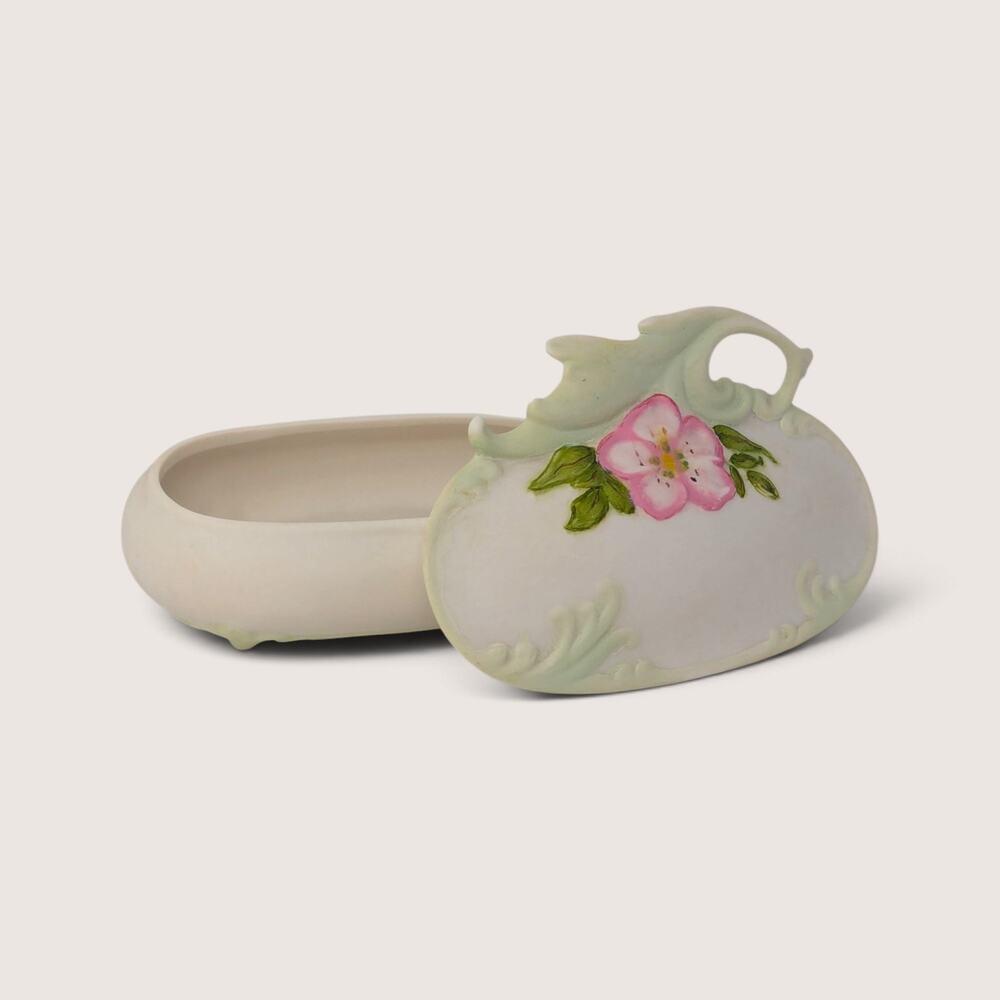 Vintage Hand-Painted Ceramic Trinket Box | 1950s Floral Vanity Dish